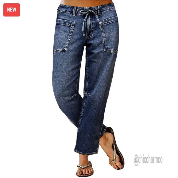Mid Waist Straight Leg Jeans Drawstring Cropped Stretchy Denim